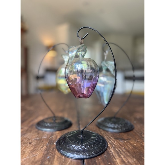 SET of 3 Vintage Italian Artisan HAND BLOWN GLASS Fruit Ornaments + Stands - Picture 7 of 16